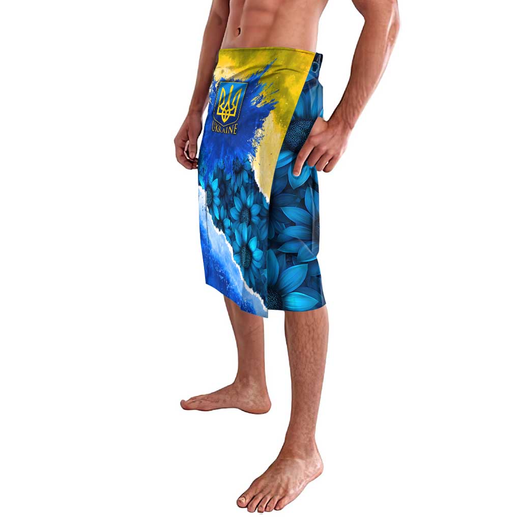Men's patterned shorts with blue sunflower print, Ukraine trident emblem, blue-yellow side panel
