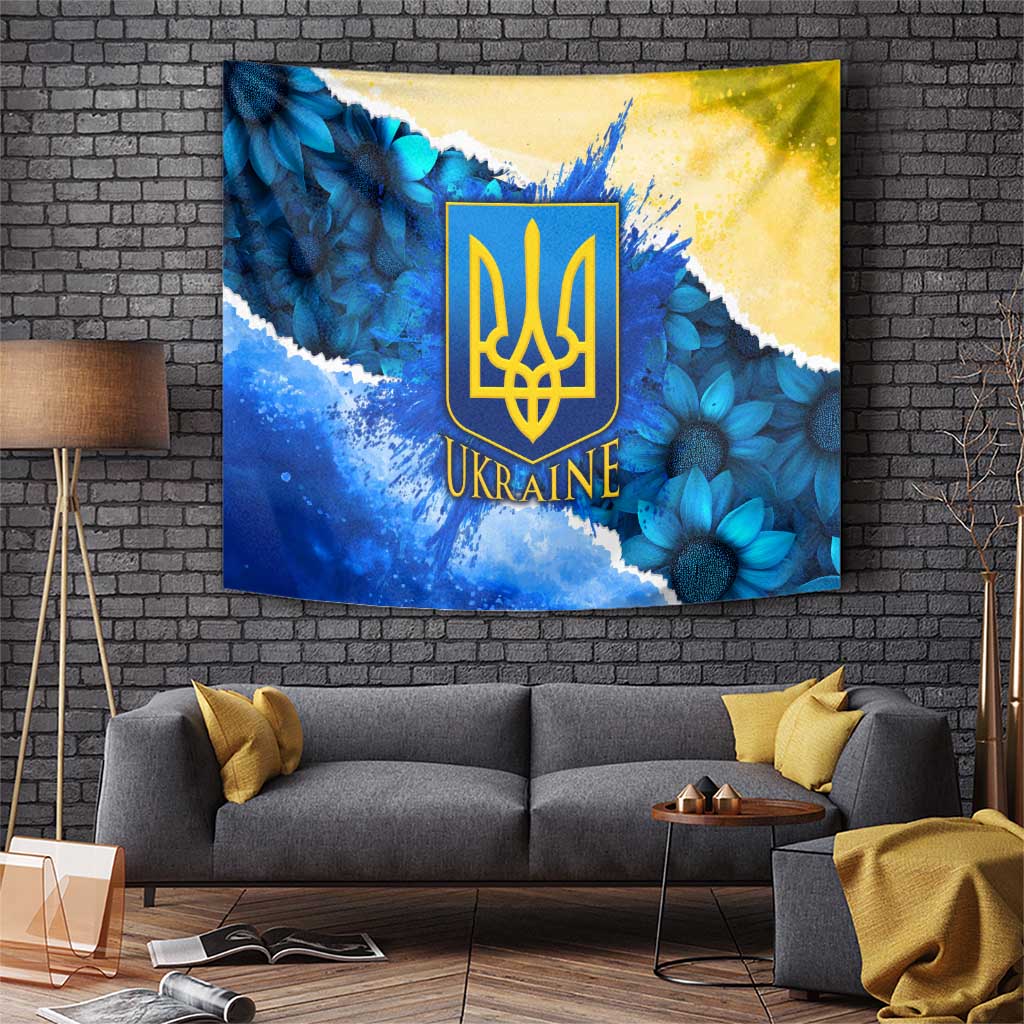 Blue and yellow Ukraine tapestry with trident emblem and blue sunflowers, wall-hung