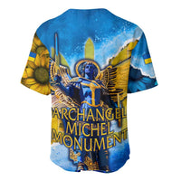 Blue and yellow baseball jersey with Archangel Michael back graphic and wing emblem