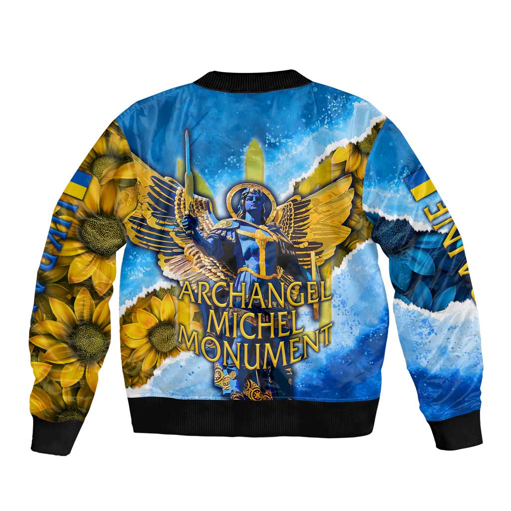 Ukraine Archangel Michael Bomber Jacket with Trident Emblem and Sunflowers Design