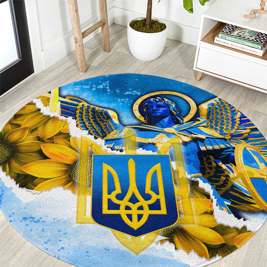 Round blue and yellow archangel Michael carpet with trident emblem and sunflowers