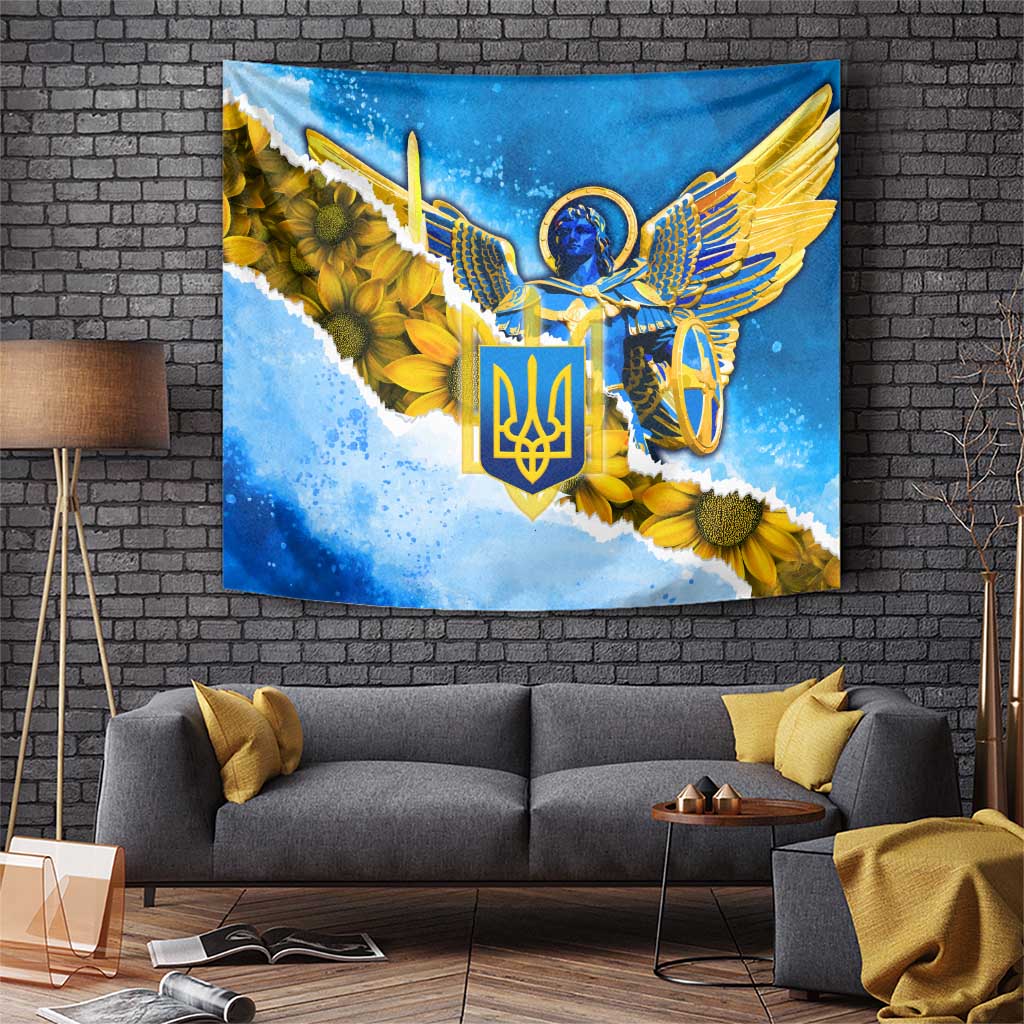 Blue and gold wall tapestry with archangel wings, trident shield emblem, sunflowers