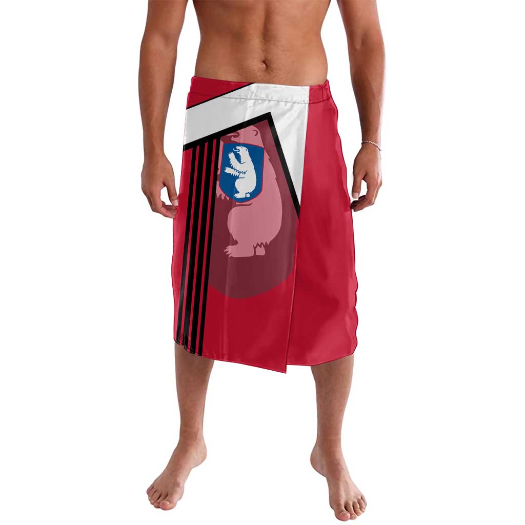 Red lavalava skirt with white waistband and polar bear graphic panel