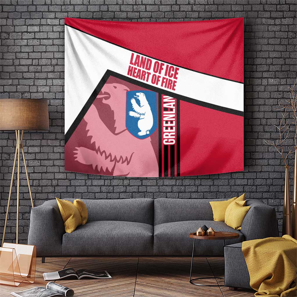 Red and white wall tapestry with polar bear emblem, black border, and “Greenland” text