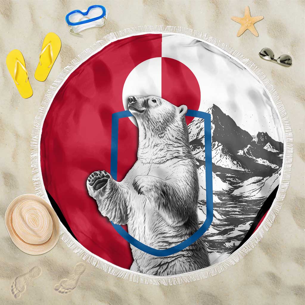 Round beach blanket with polar bear graphic, red and white panels, blue border, fringe edge