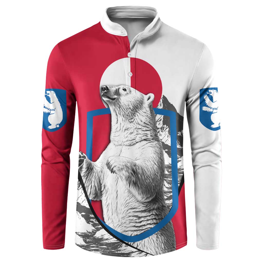 Red and white button sweatshirt with arctic bear graphic and blue trim