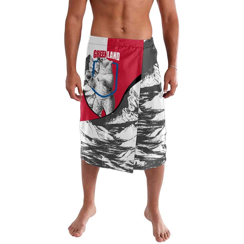 Red waistband graphic shorts with arctic bear patch and black-and-white landscape