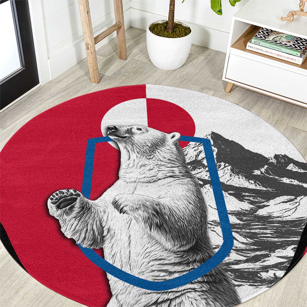 Round carpet rug with polar bear graphic, red/white panels and blue outline