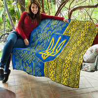 Ukrainian Flag Colors Quilt with Trident Crest and Traditional Folk Pattern