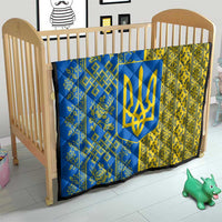 Ukrainian Flag Colors Quilt with Trident Crest and Traditional Folk Pattern