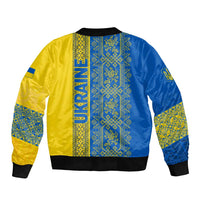 Ukrainian Flag Colors Sleeve Zip Bomber Jacket with Trident Crest and Traditional Folk Pattern