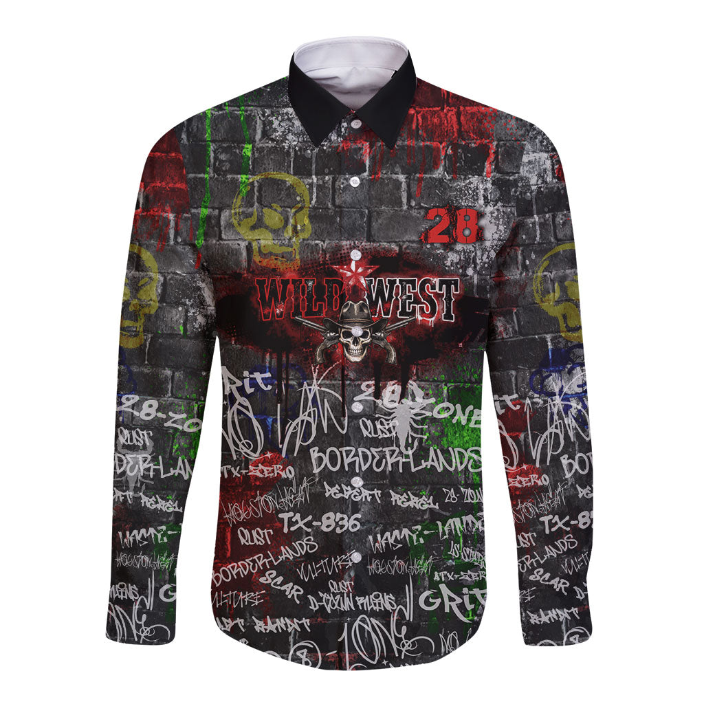 Personalized Wild West Borderlands Long Sleeve Button Shirt Urban Street Graffiti Art Skull Scorpion Symbols