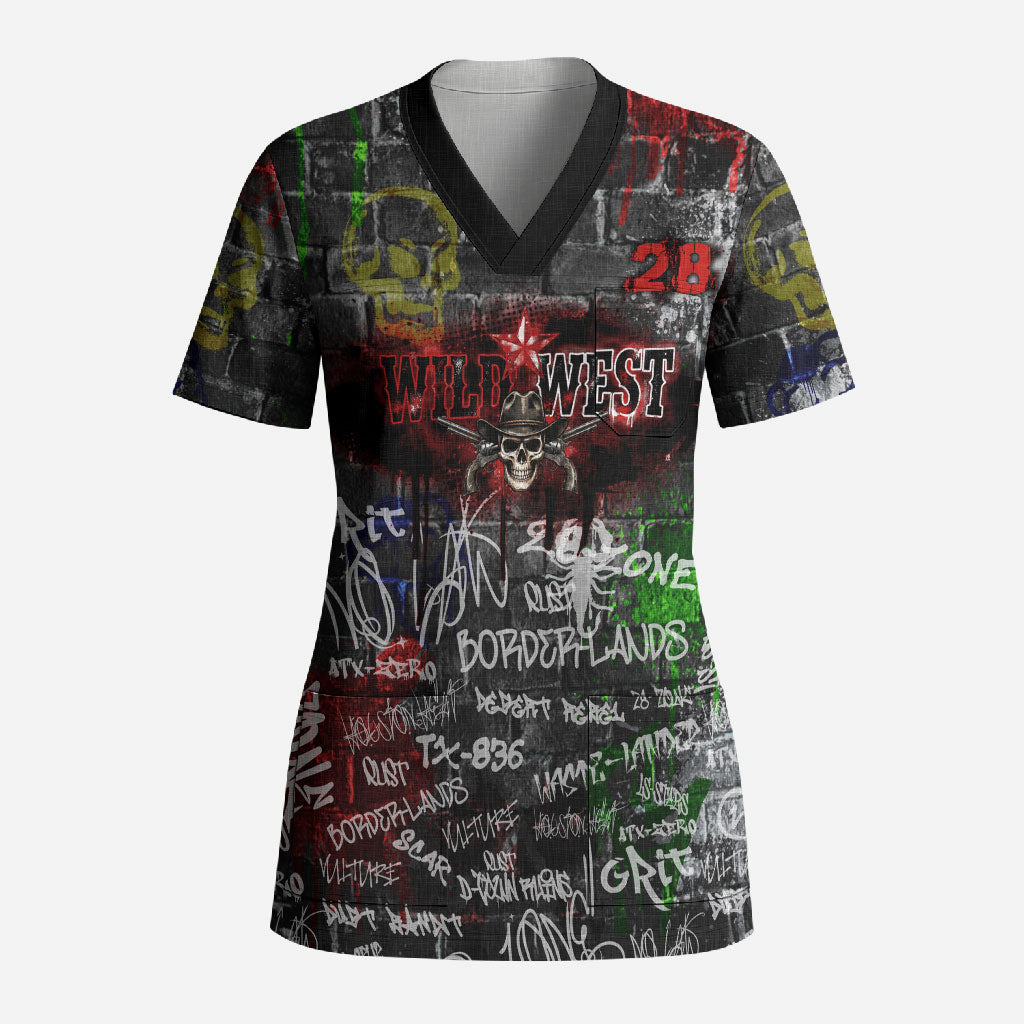 Personalized Wild West Borderlands Scrub Top Urban Street Graffiti Art Skull Scorpion Symbols