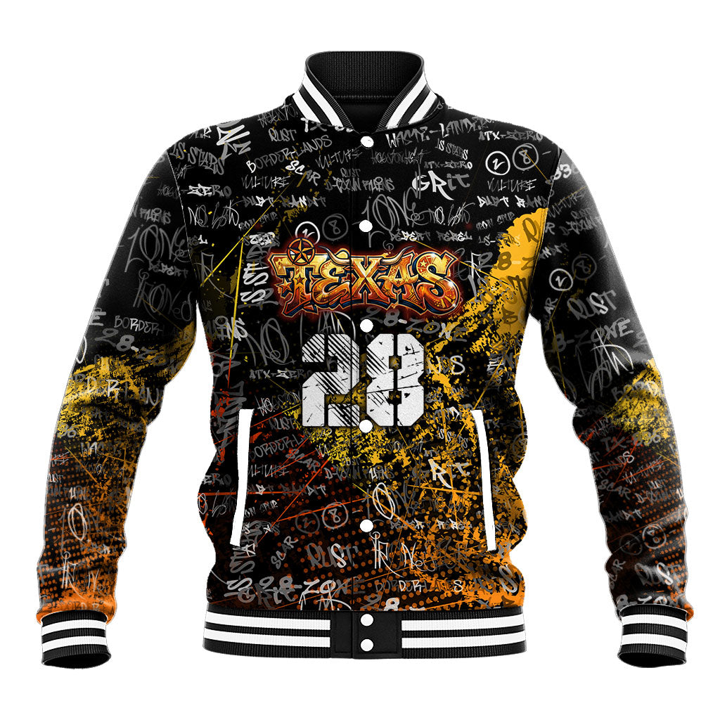 Personalized Texas State Pride Baseball Jacket Urban Graffiti Style - Longhorn Skull - Oil Derrick Graphic