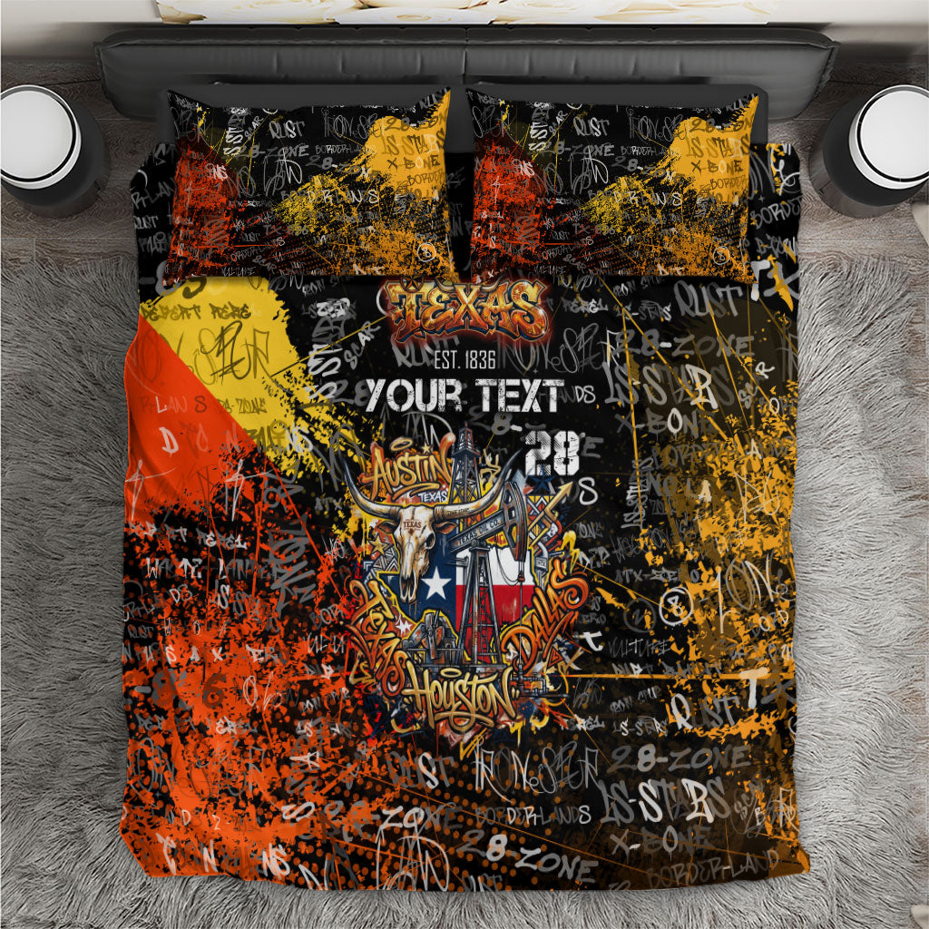 Personalized Texas State Pride Bedding Set Urban Graffiti Style - Longhorn Skull - Oil Derrick Graphic