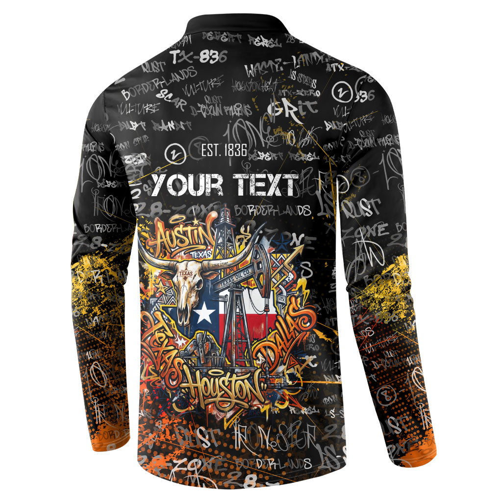 Personalized Texas State Pride Button Sweatshirt Urban Graffiti Style - Longhorn Skull - Oil Derrick Graphic
