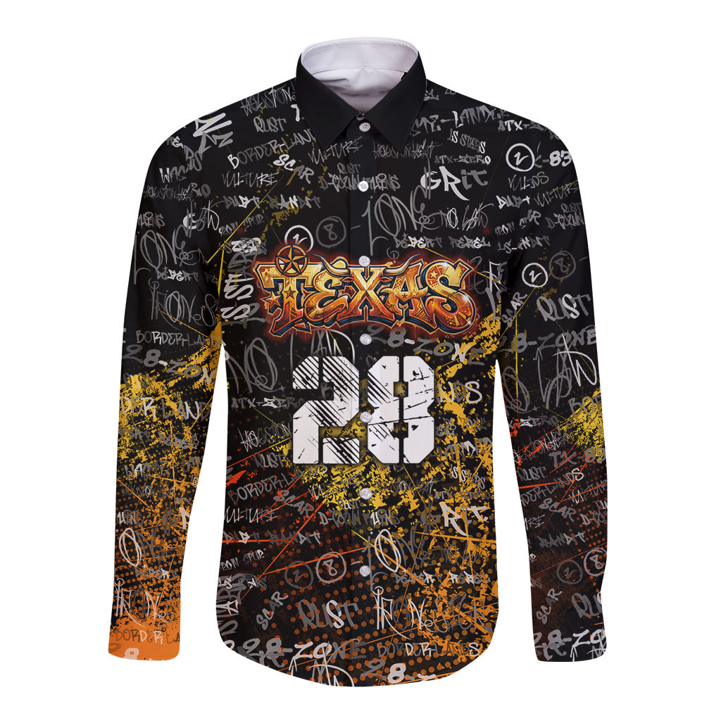 Personalized Texas State Pride Long Sleeve Button Shirt Urban Graffiti Style - Longhorn Skull - Oil Derrick Graphic