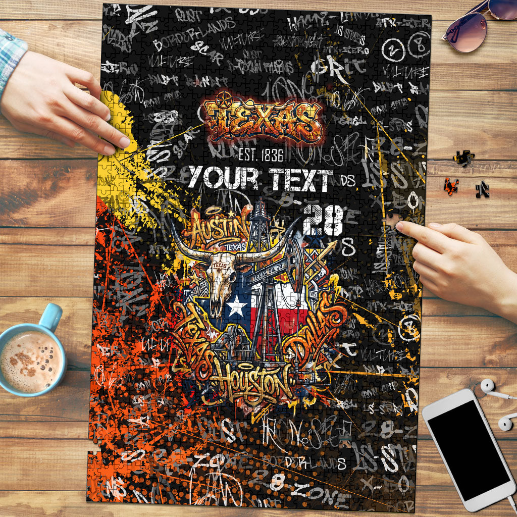 Personalized Texas State Pride Puzzle Urban Graffiti Style - Longhorn Skull - Oil Derrick Graphic