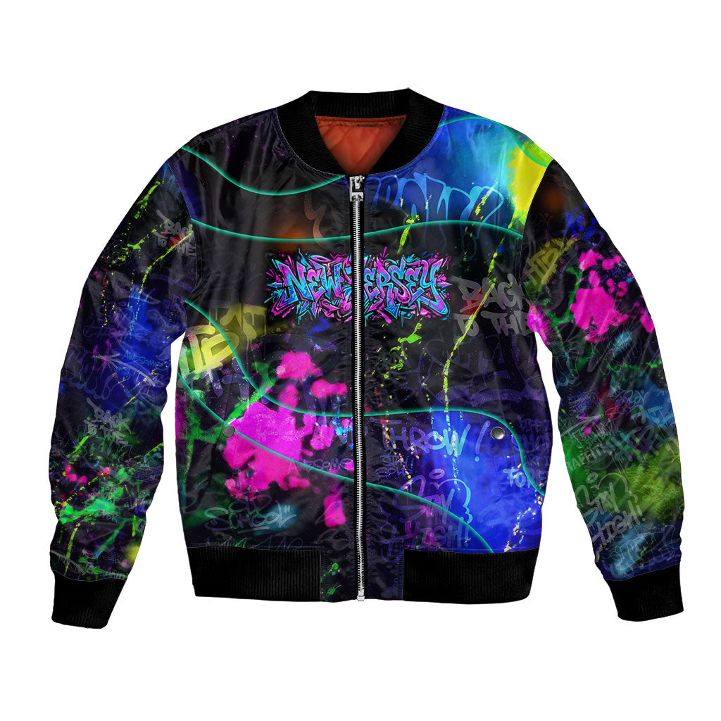 Personalized New Jersey Graffiti Mascot Bomber Jacket Urban Street Art - Vibrant Neon Spray Paint Aesthetic
