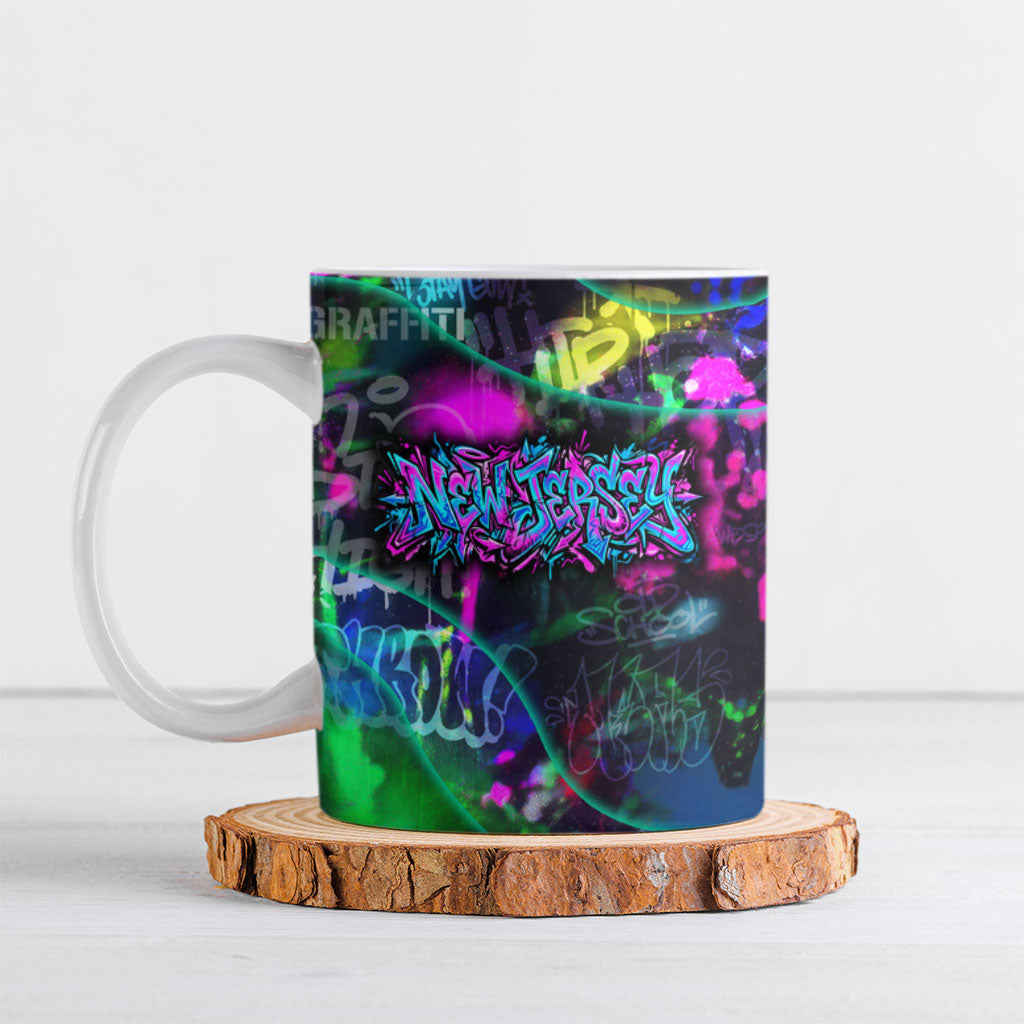Personalized New Jersey Graffiti Mascot Ceramic Mug Urban Street Art - Vibrant Neon Spray Paint Aesthetic