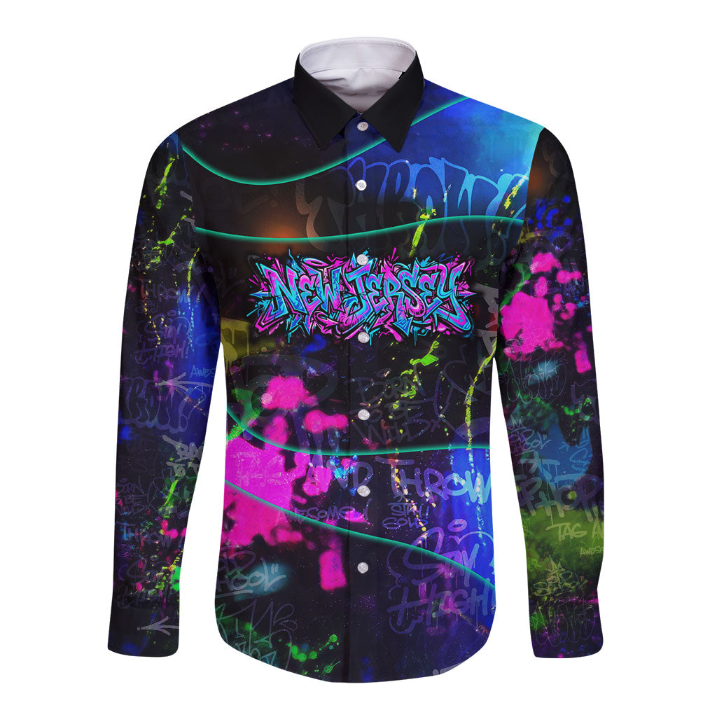 Personalized New Jersey Graffiti Mascot Long Sleeve Button Shirt Urban Street Art - Vibrant Neon Spray Paint Aesthetic
