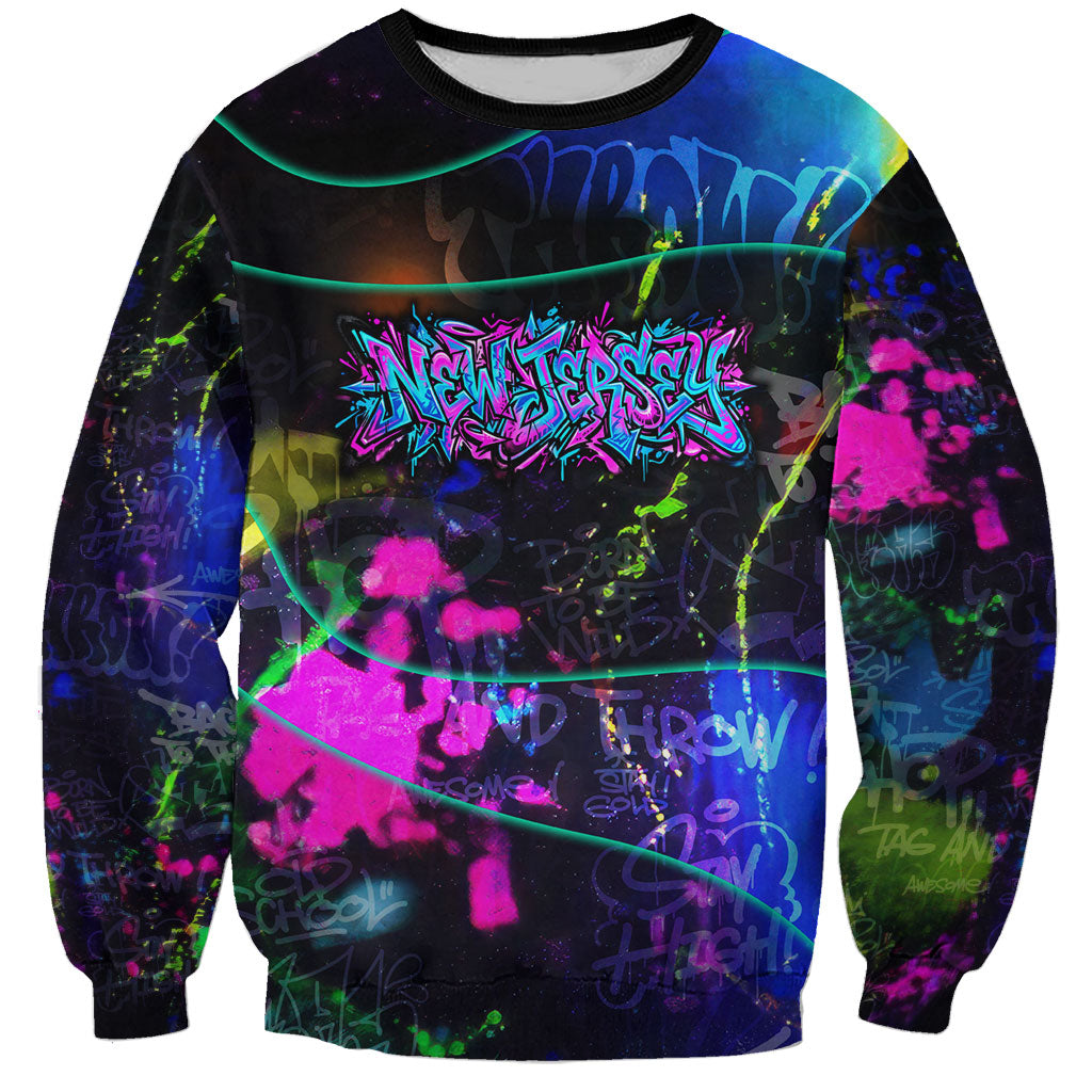 Personalized New Jersey Graffiti Mascot Sweatshirt Urban Street Art - Vibrant Neon Spray Paint Aesthetic