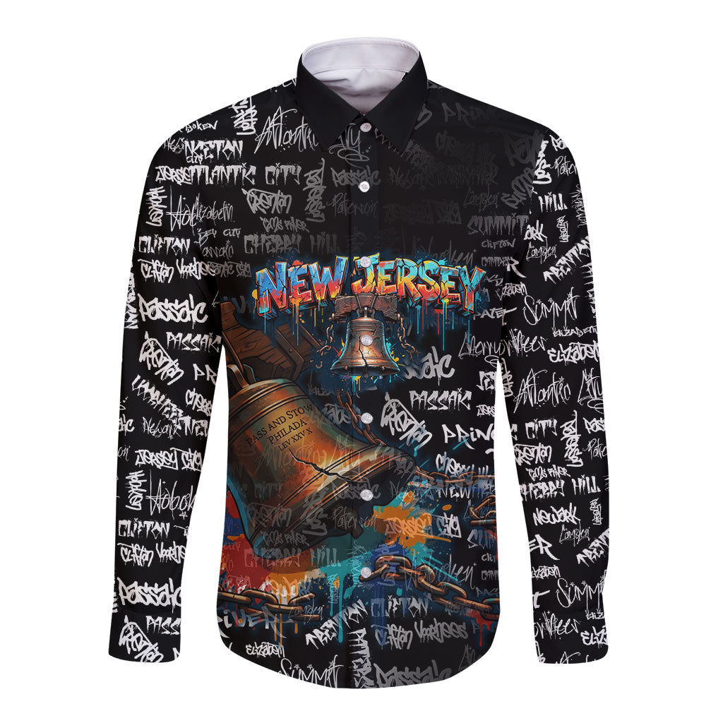 Personalized New Jersey Liberty Bell Graffiti Long Sleeve Button Shirt Urban Street Art - Hand Drawn City Tagging