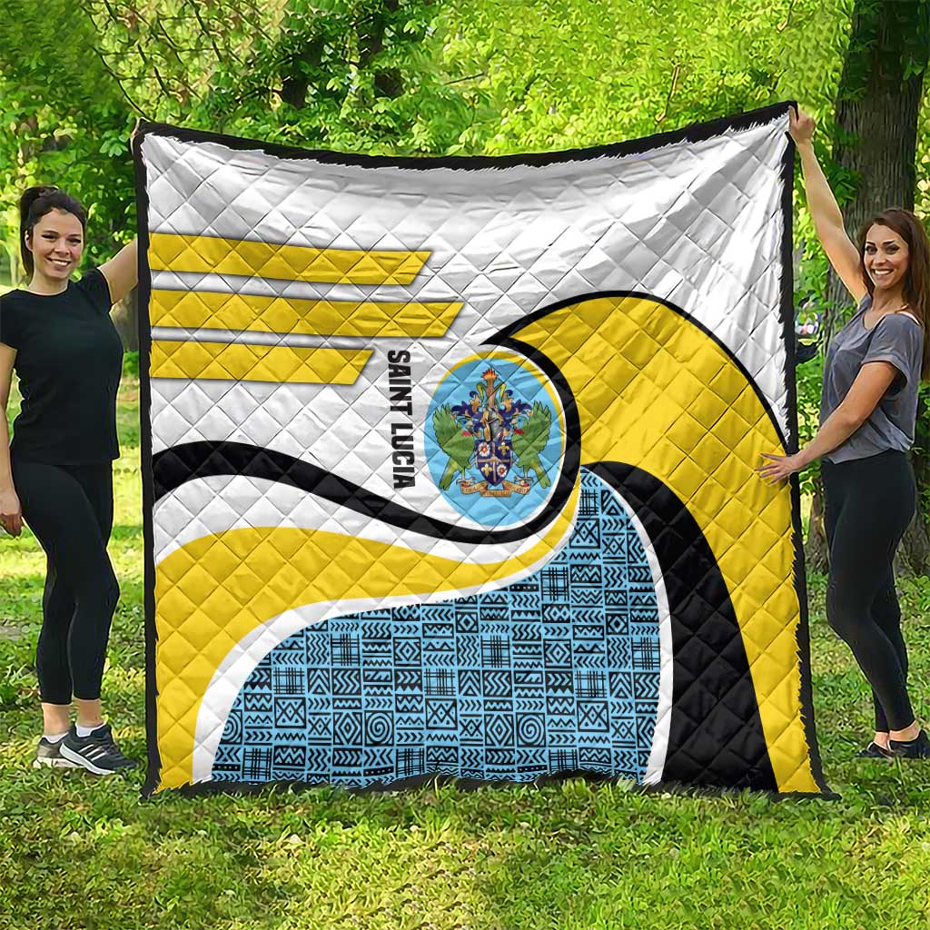 Saint Lucia Modern Tribal Crest Design Quilt with Flag Colors and Bold Text Layout - Wonder Print Shop