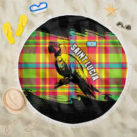 Round beach blanket with fringe edge, multicolor plaid and black parrot motif
