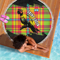 Round beach blanket with fringe, multicolor plaid and black parrot graphic