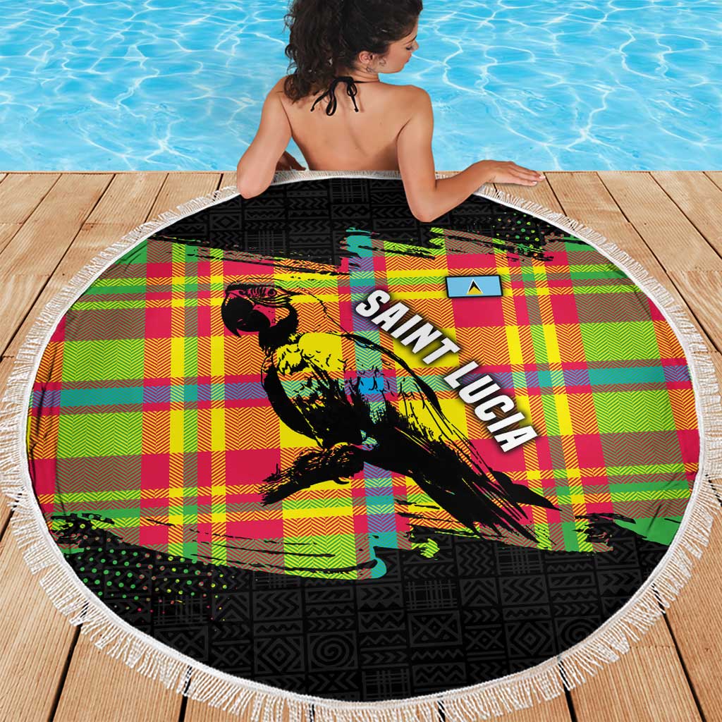 Round beach blanket with fringe edge, colorful plaid and black parrot print