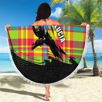 Round beach blanket with fringe, multicolor plaid with black parrot design