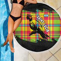 Round beach blanket with fringe edge, multicolor plaid and black parrot artwork