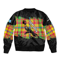 Saint Lucia Parrot Bomber Jacket with Madras Pattern and Cultural Black Motif Design - Wonder Print Shop