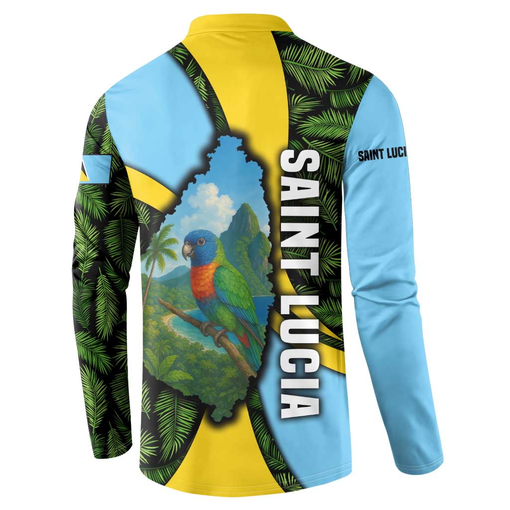 Back of multicolor button henley sweatshirt with parrot graphic and Saint Lucia text