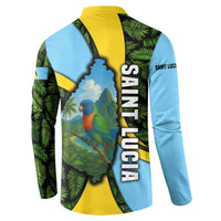 Back of multicolor button henley sweatshirt with parrot graphic and Saint Lucia text