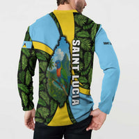 Back multicolor button henley sweatshirt with parrot scene and vertical Saint Lucia text