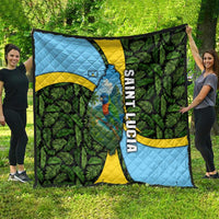Tropical parrot quilt with green palm leaves, blue map shape, yellow wave stripes, black trim