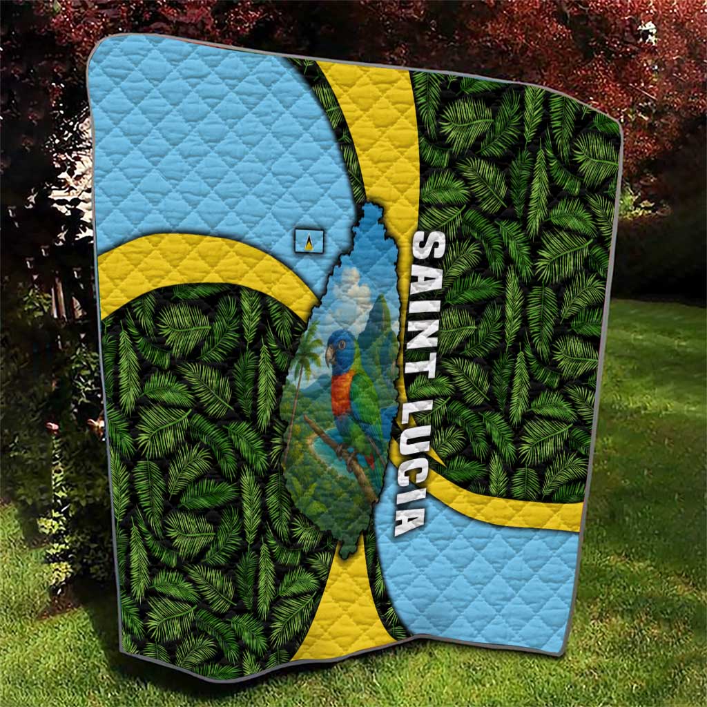 Quilt showing green palm leaves, blue sky map area with parrot, yellow wave bands, black border