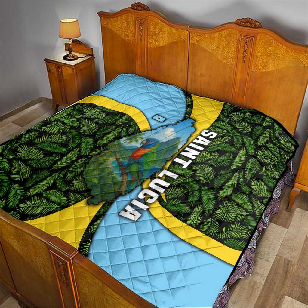 Bed quilt with green palm leaf fabric, light-blue map center, yellow waves, and parrot graphic