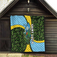 Wall-hanging quilt with green palm leaves, light-blue map outline, yellow wave design, black frame