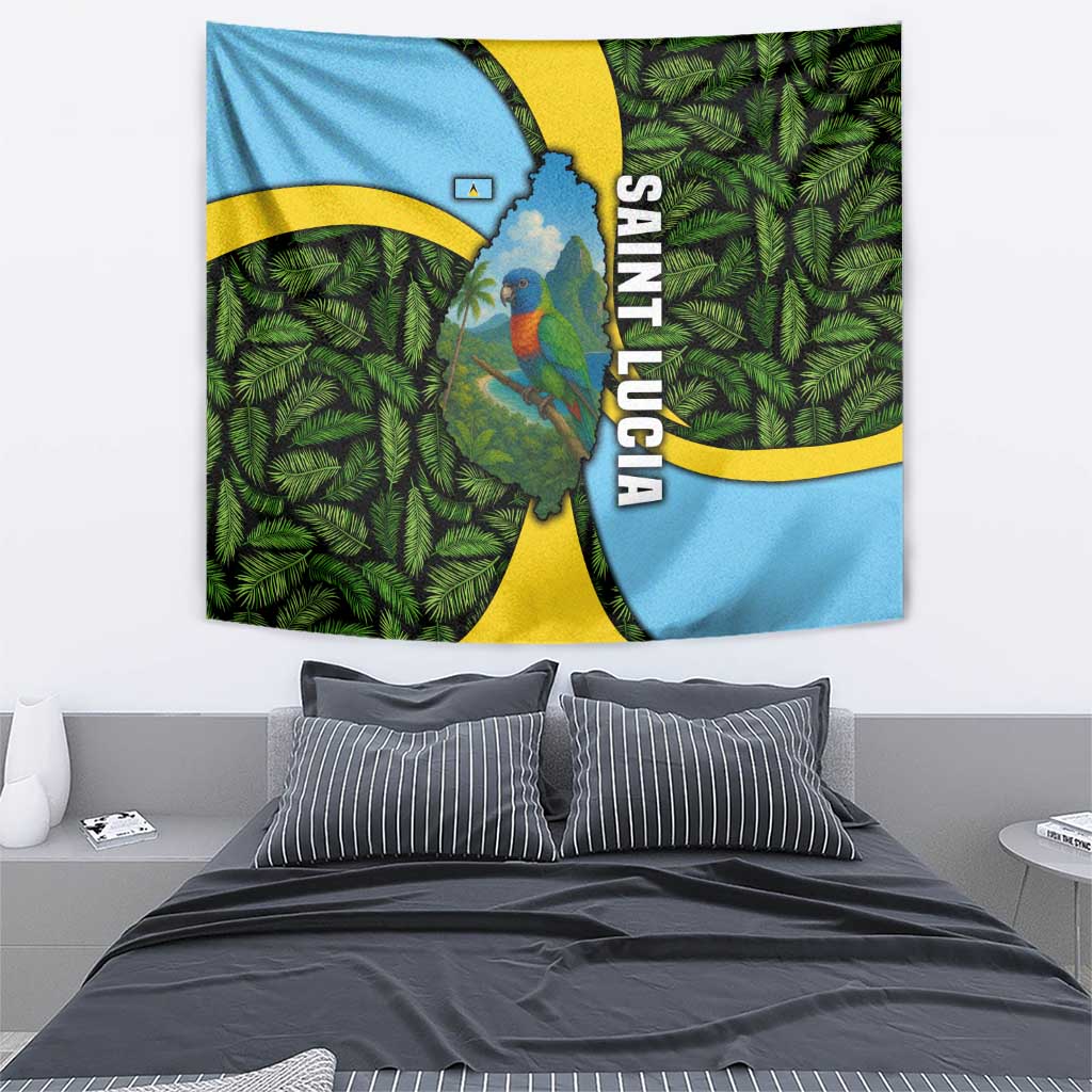 Saint Lucia Parrot Tapestry with Tropical Palm Leaf and Flag Color Wave Design - Wonder Print Shop