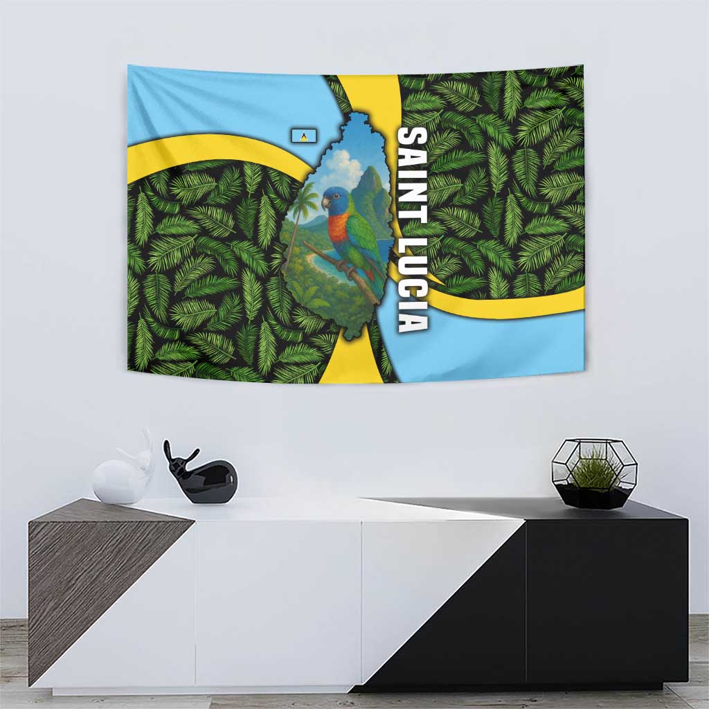 Saint Lucia Parrot Tapestry with Tropical Palm Leaf and Flag Color Wave Design - Wonder Print Shop
