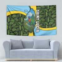 Saint Lucia Parrot Tapestry with Tropical Palm Leaf and Flag Color Wave Design - Wonder Print Shop