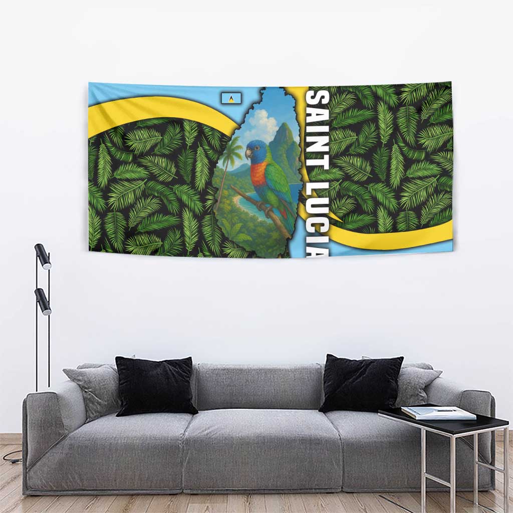 Saint Lucia Parrot Tapestry with Tropical Palm Leaf and Flag Color Wave Design - Wonder Print Shop