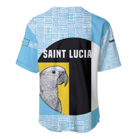 Blue baseball jersey back view with SAINT LUCIA parrot graphic and tribal pattern