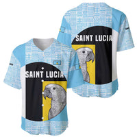 Two blue baseball jerseys, front and back with parrot graphic and tribal pattern