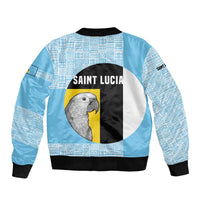 Saint Lucia Graphic Parrot Bomber Jacket with Tribal Pattern and Minimalist Blue Black Design - Wonder Print Shop