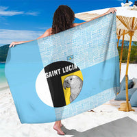 Blue parrot graphic sarong with geometric tribal border and minimalist black-and-yellow design