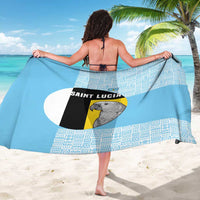 Blue parrot graphic sarong draped over shoulders, featuring geometric tribal pattern border